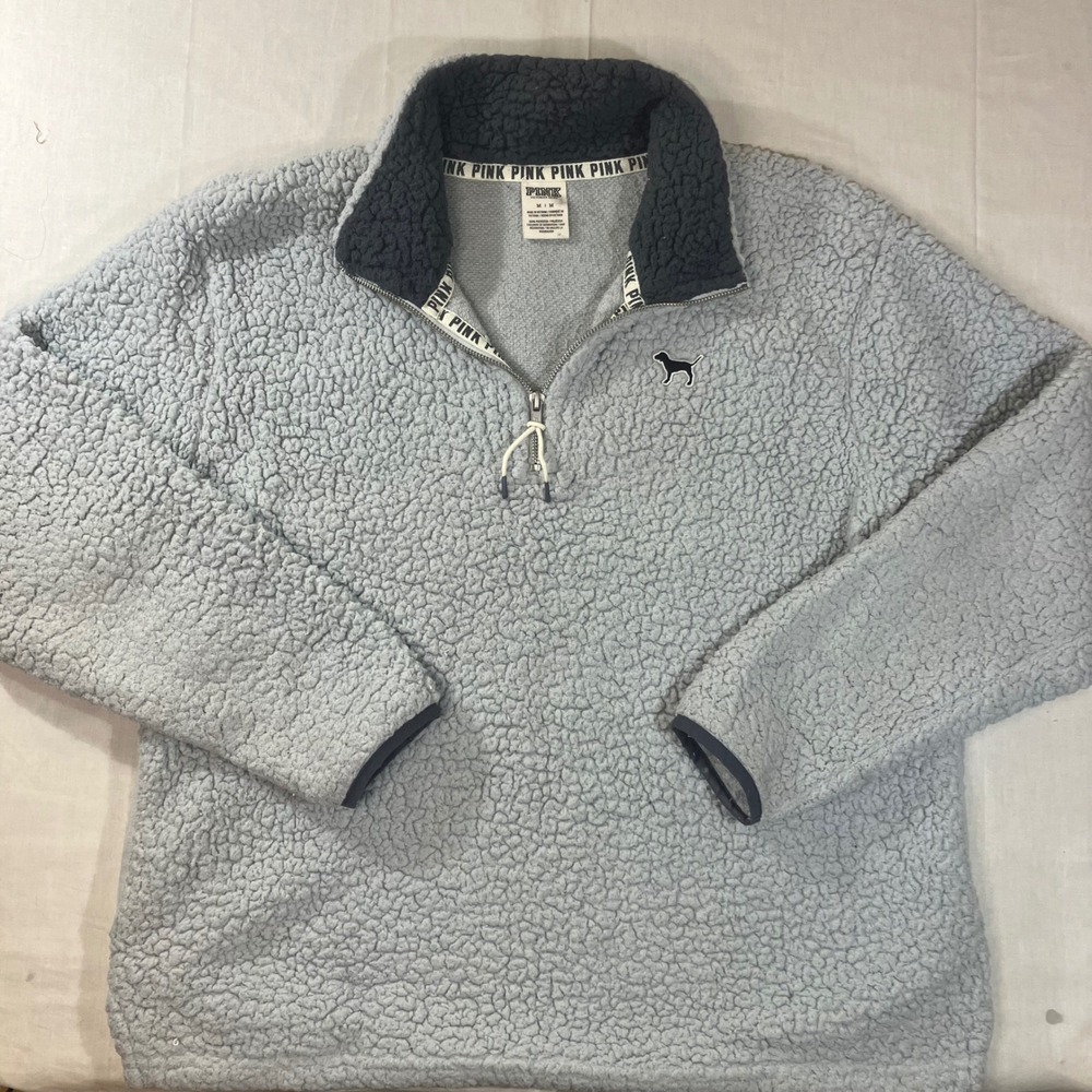 PINK Victoria's Secret Sherpa Fleece Quarter Zip Pullover Blue Gray Medium